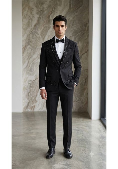 Smoking Uomo Luxury Total Black  Abito da Cerimonia 3 Pezzi con Cristalli, Gilet e Papillon Coordinato RAbin | Abiti | ABITO SWARISKY NERONERO